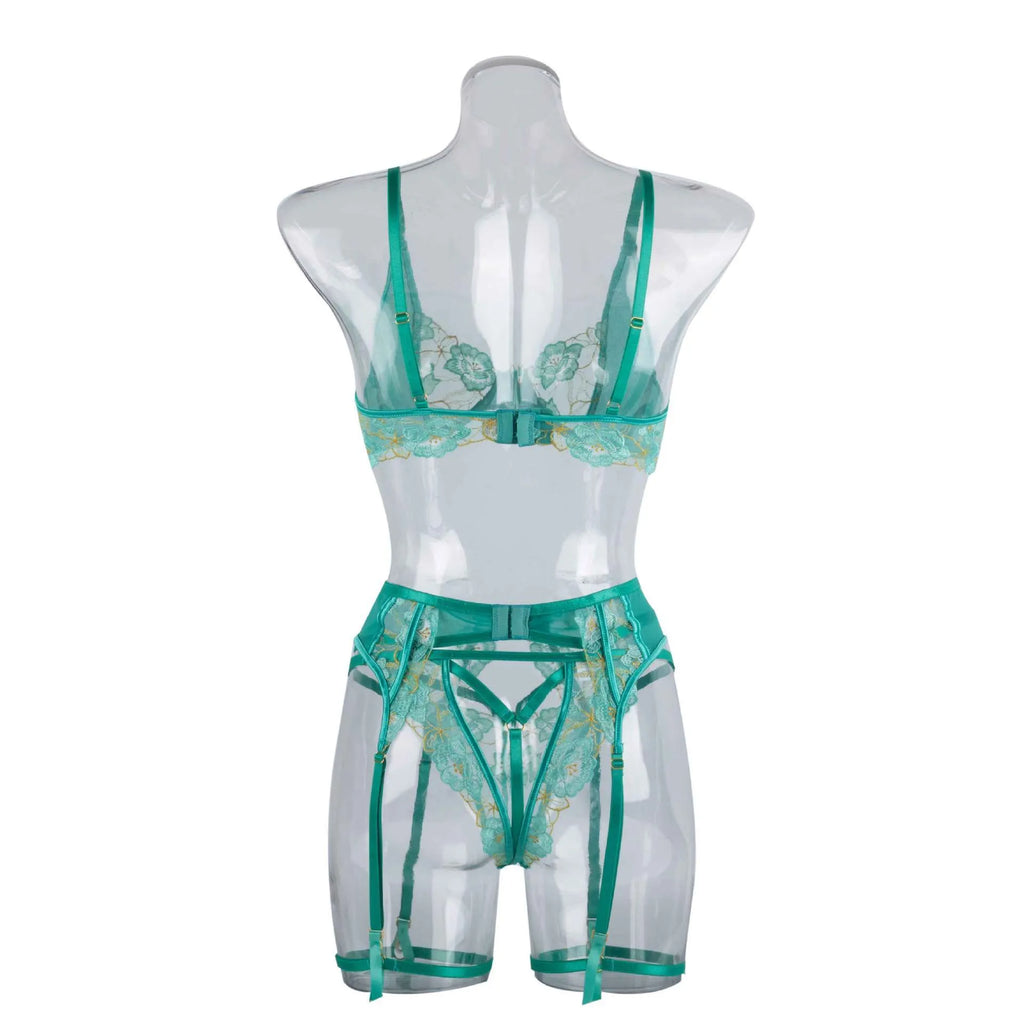 Light green women's embroidered bra set with bikini brief