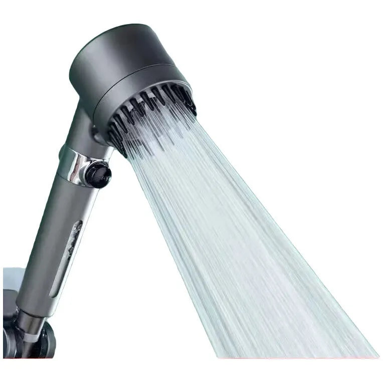 Portable shower head with adjustable settings for spray, massage, and rain functions, made from ABS material.