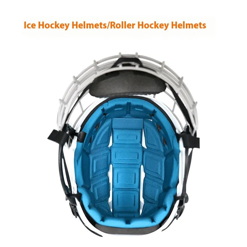 Ice hockey helmet with carbon steel face mask showing PP shell exterior and EVA lining interior