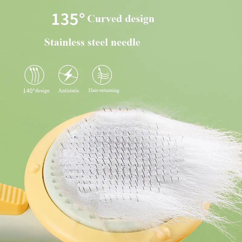 Pumpkin coloured hand-held pet grooming brush with stainless steel needles on a curved comb.