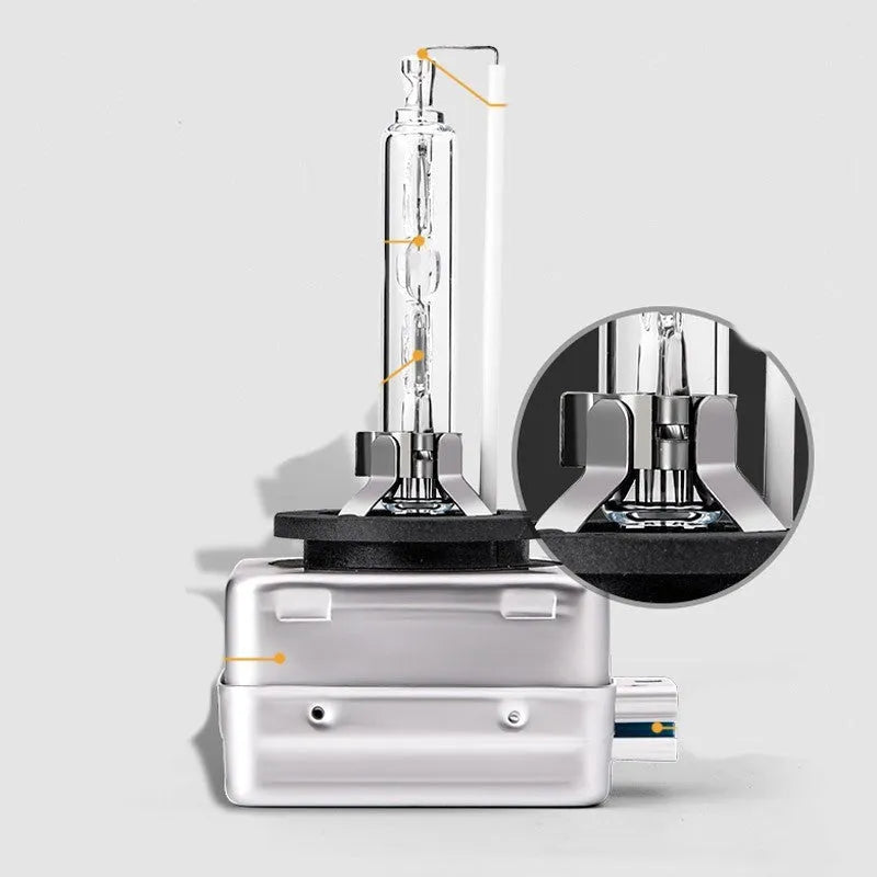 Xenon automotive lens lamp with aluminium alloy shell and quartz tube, showing D1S/D1R specifications for vehicle lighting systems