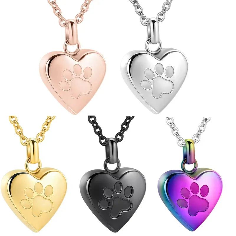 Simple Love paw print heart pendant necklace in titanium steel with openable casket, shown in silver finish on adjustable chain