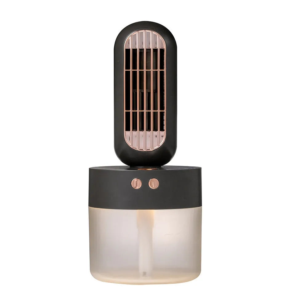 Small black and white desktop humidifier fan with shaking head oscillation and USB charging port