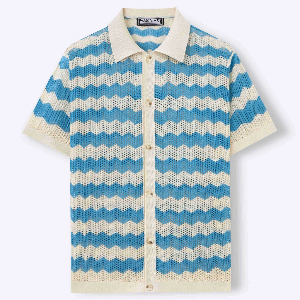 American-style hollow jacquard corrugated sweater with flocking detail in blue, showing short sleeves and textured fabric