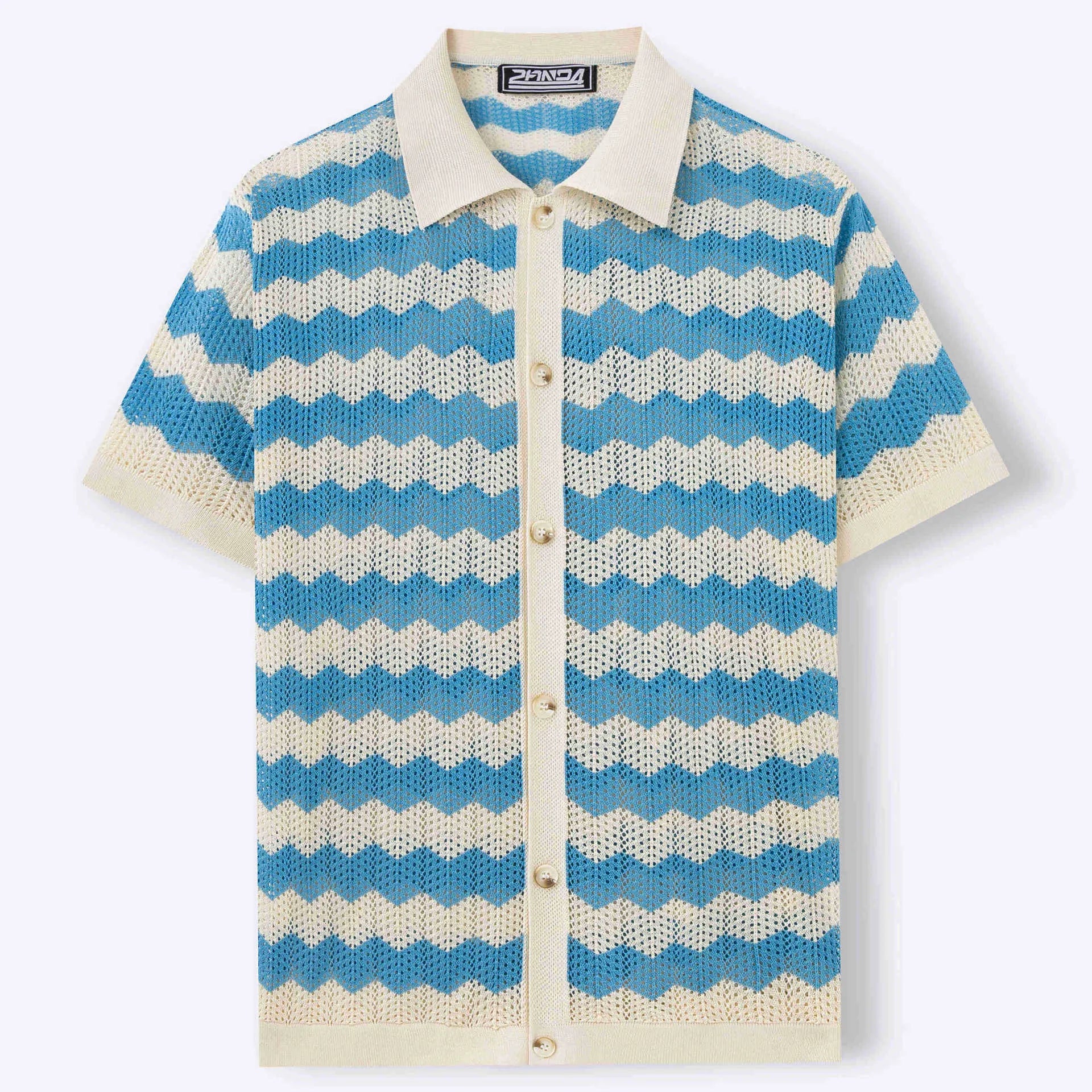 American-style hollow jacquard corrugated sweater with flocking detail in blue, showing short sleeves and textured fabric