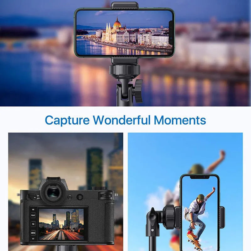 Black aluminium alloy selfie stick tripod with extended sections, compatible with Apple iPhones.