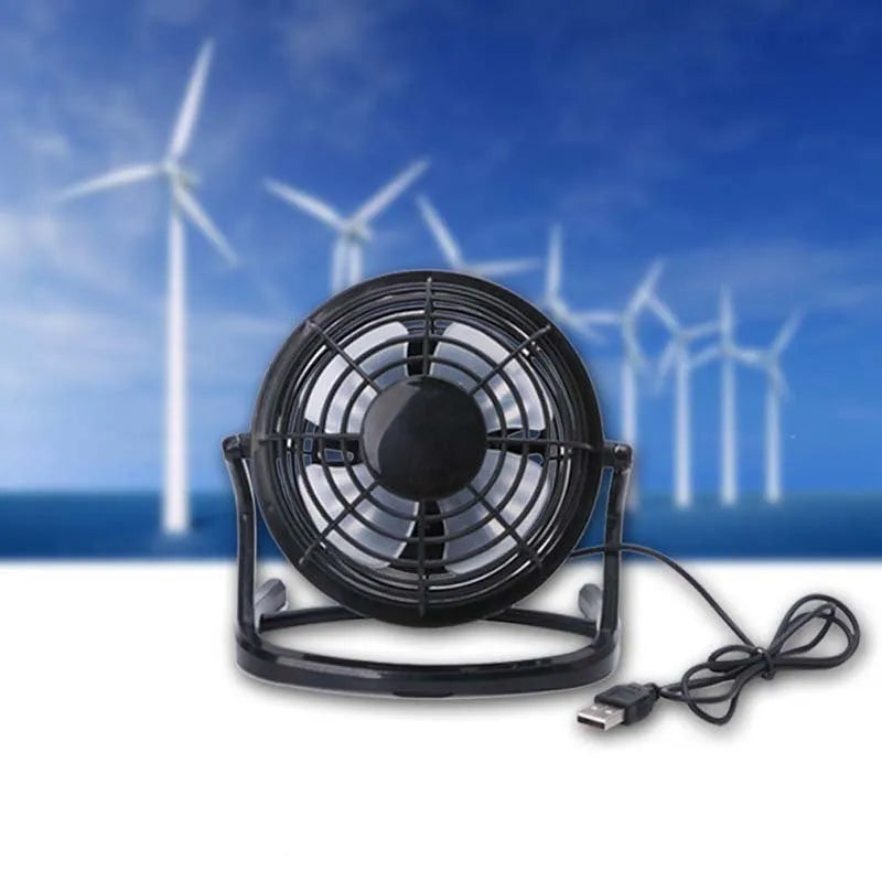 Mini portable USB desk fan in black, white, or blue with adjustable angle and 16cm size
