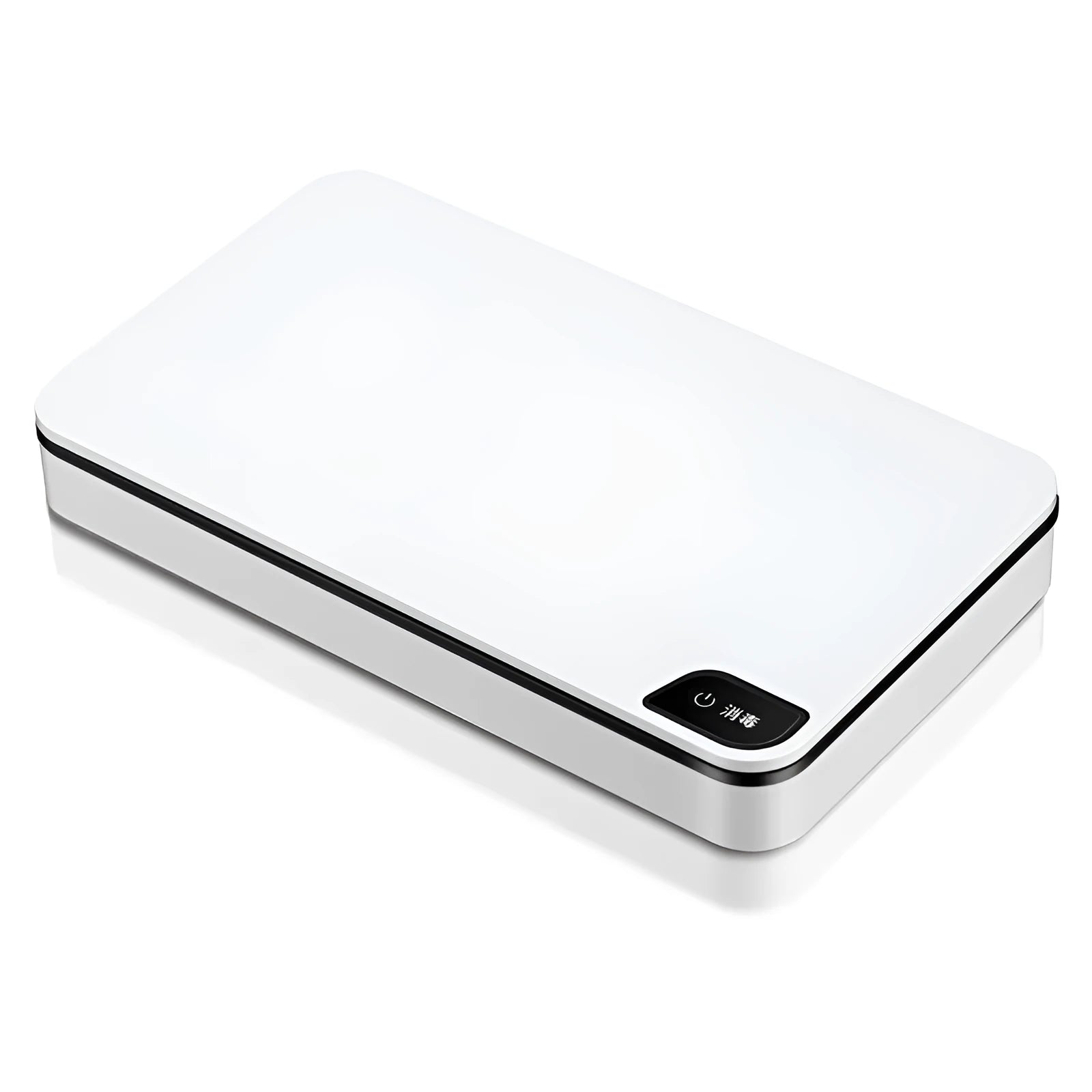 White multifunctional wireless phone charger and UV air steriliser unit with remote control.