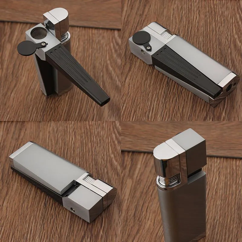 Pipe lighter with zinc alloy body, integrated stash compartment, and metal flap cover, measuring 9.2cm in length