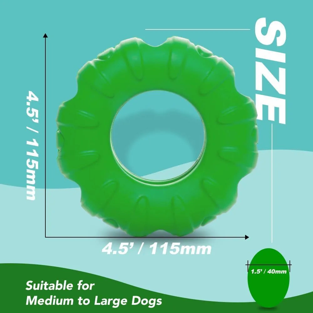 Blue rubber dog chew toy shaped like a tyre with oval openings for food dispensing, measuring 11cm by 4cm