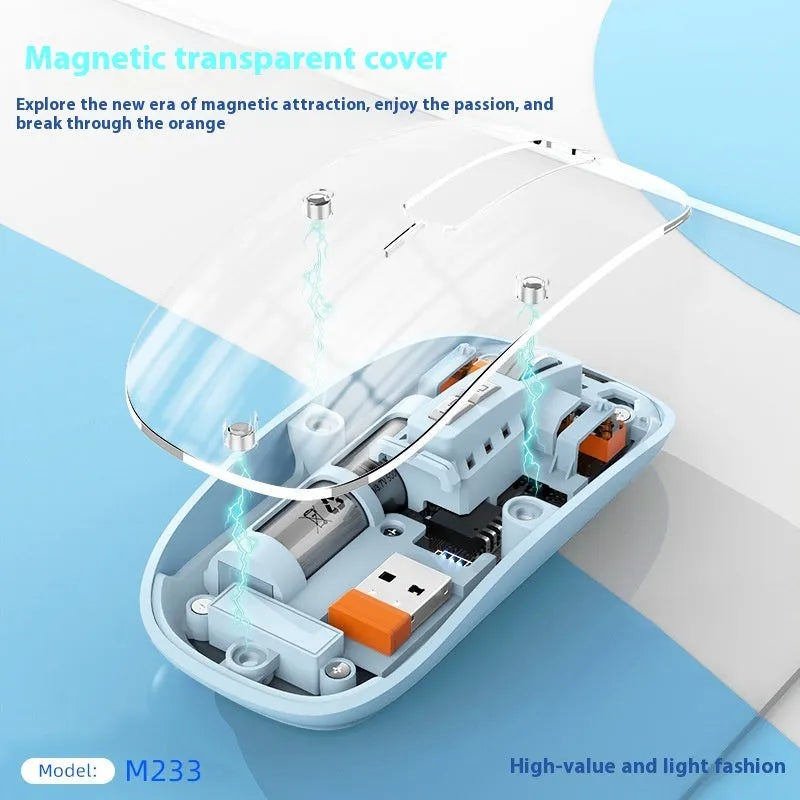 Transparent wireless mouse in space blue colour with USB interface, showing compact 113mm design on a laptop