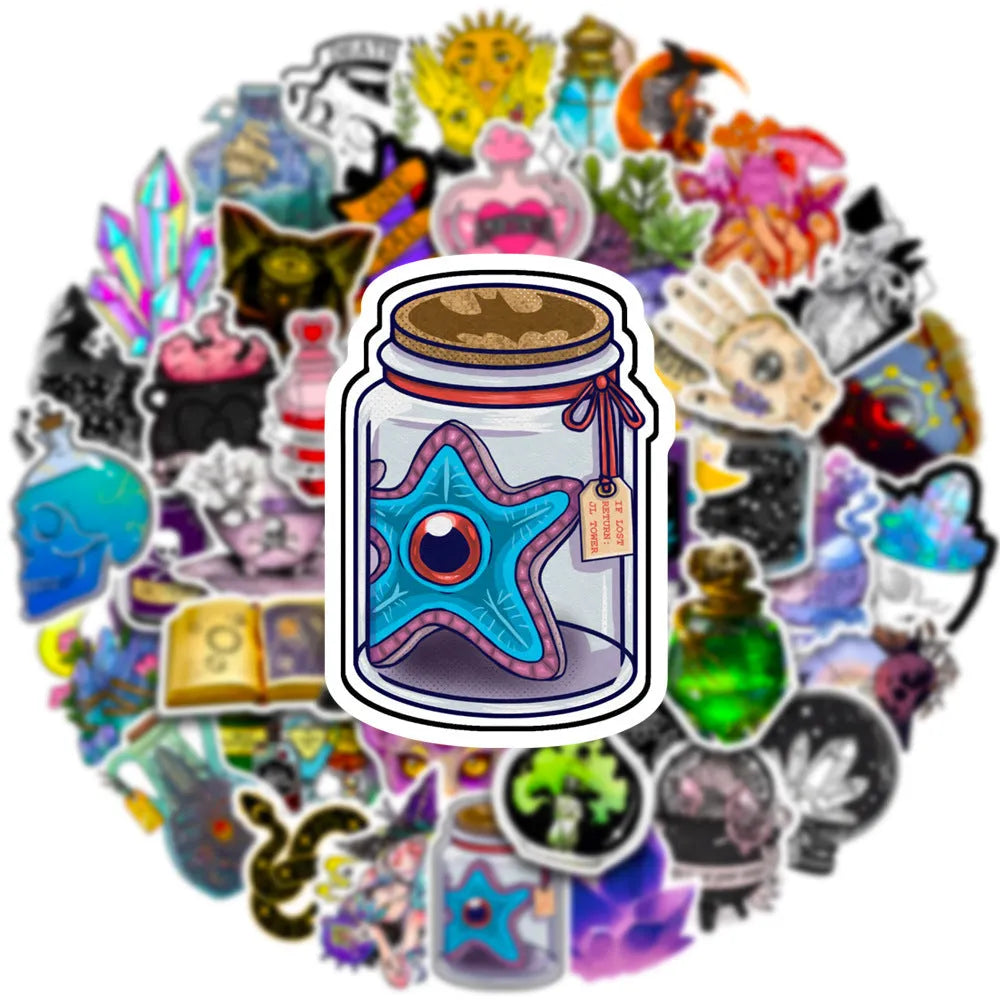 Set of 50 colourful waterproof PVC graffiti stickers for luggage and smooth surfaces, sizes 3-8cm.