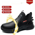 Men's black waterproof work shoes with high-cut design, anti-slip soles, and microfiber leather upper for kitchen safety