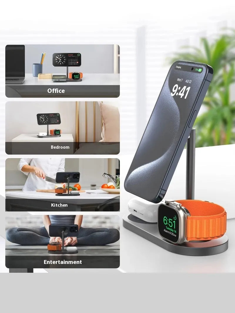 Magnetic three-in-one wireless charger in aluminium alloy with magnetic suction fixing, shown in carbon fibre, grain, gray, or silver