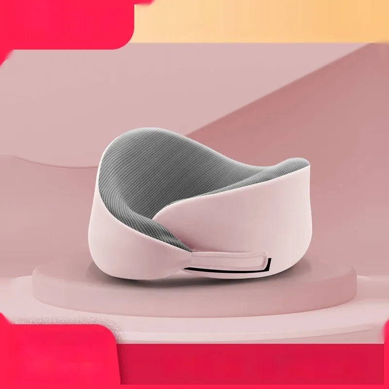 Memory foam U-shaped travel neck pillow in light grey, dark grey or light pink colour with storage packaging