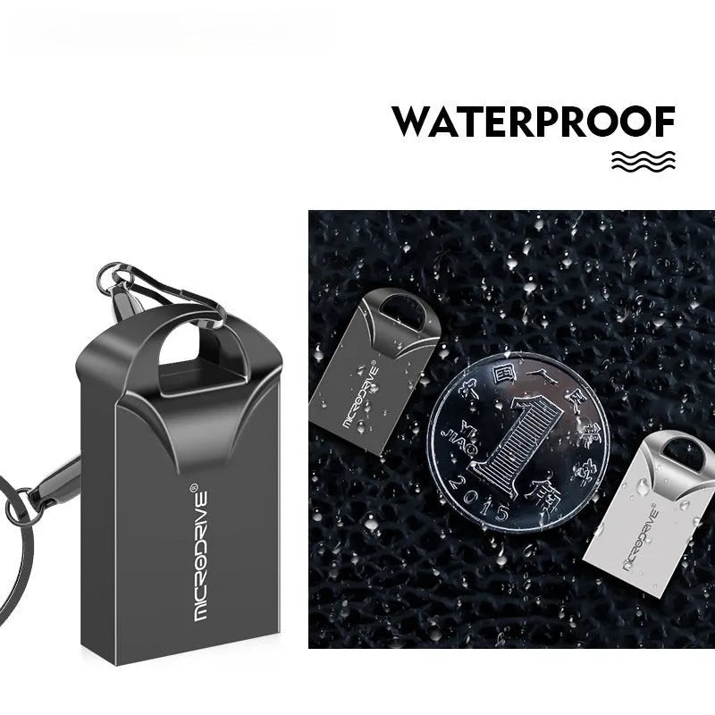 Black and silver mini metal USB drive with compact 23x12x8mm dimensions and high-speed storage up to 128GB