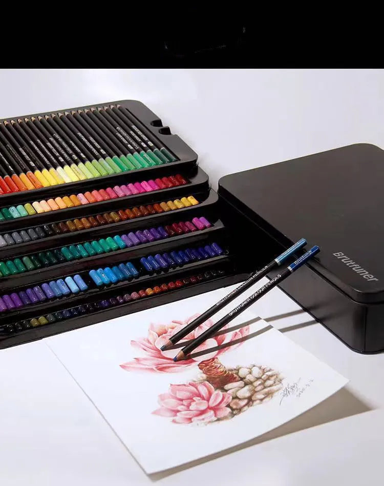 180 oil-based coloured pencils in wooden barrels stored in iron box for drawing and sketching