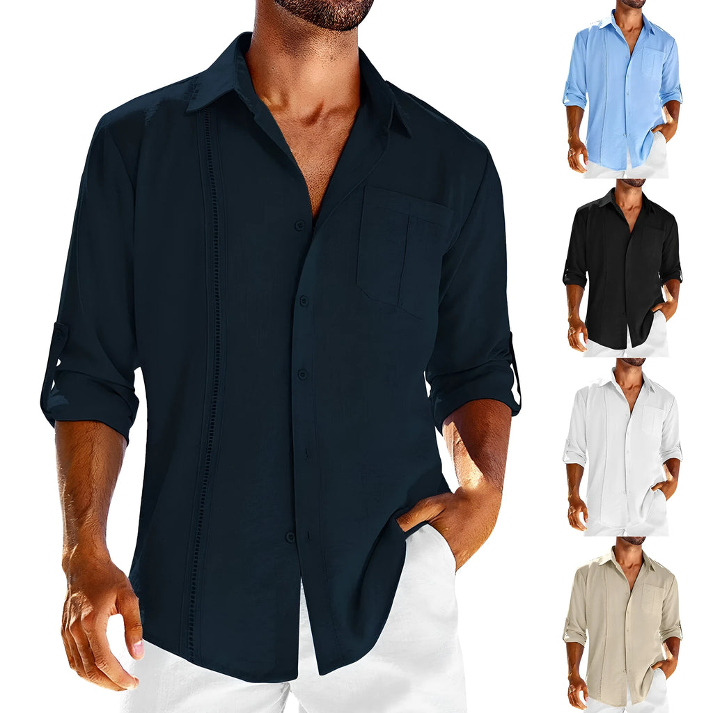 Men's grey cotton blend long sleeve casual shirt with a polo collar featuring lace detail and a chest pocket.