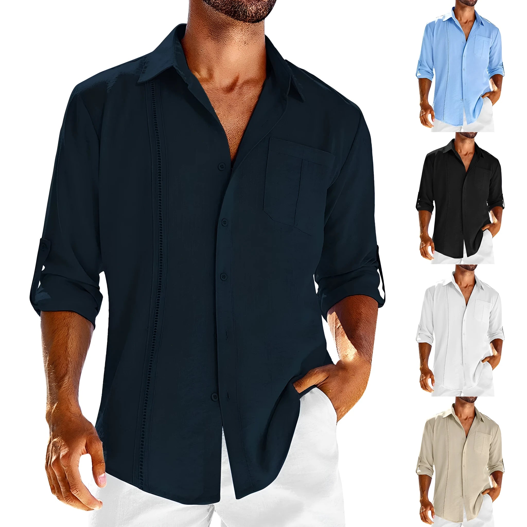 Men's grey cotton blend long sleeve casual shirt with a polo collar featuring lace detail and a chest pocket.