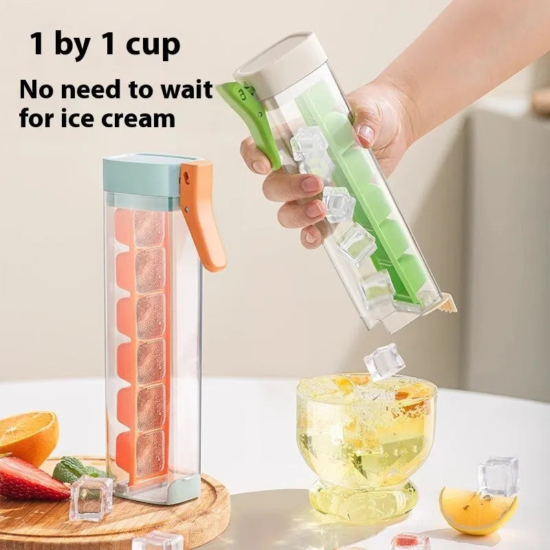 Ice cube tray mould with one-touch release mechanism and storage box in food-grade plastic