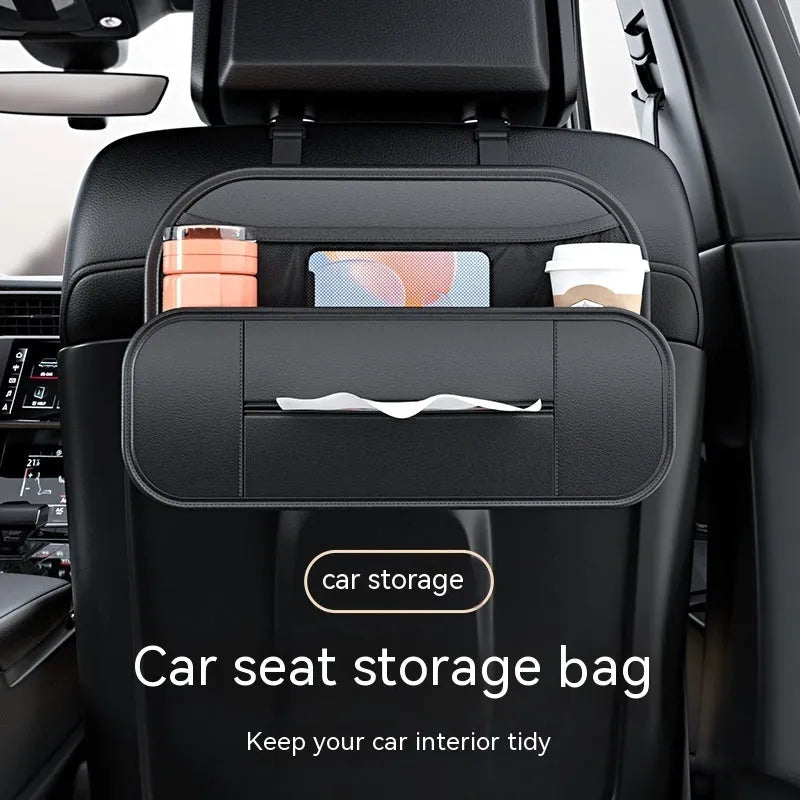 Black leather car seat rear storage bag with dimensions 36cm by 24cm by 8cm.