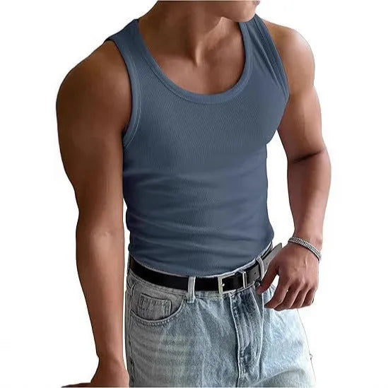 Men's tight fit round neck workout T-shirt in polyester, shown in various colours including black and blue.