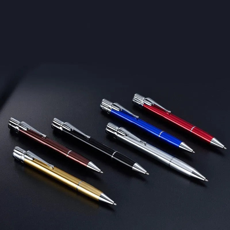 Windproof metal pen lighter with keychain in six colours, showing slim 14mm design for outdoor use