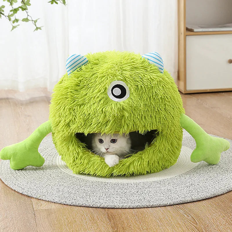 Round fluffy plush cat bed with non-slip base in three sizes for indoor pets