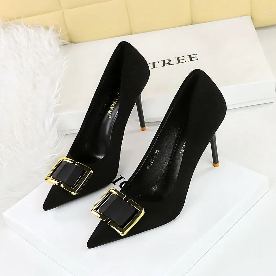 Black women's stiletto heel shoes with suede upper and 9cm heel height