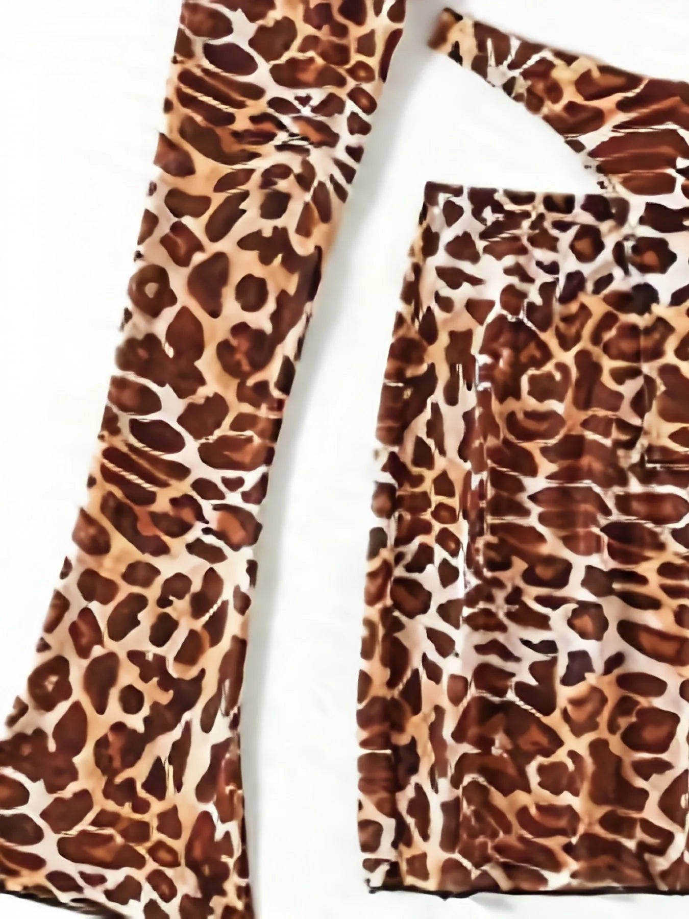 Leopard print women's split bikini swimsuit set with top, skirt, and panties