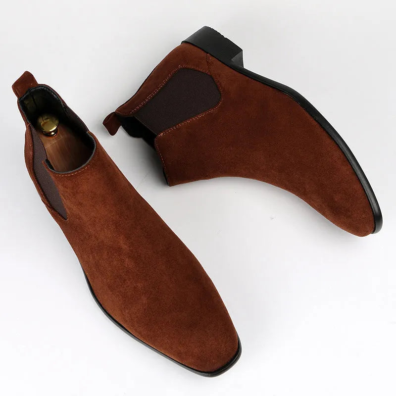 Men's square toe short boots in beige, black or brown, faux leather upper with wedge heel and PVC sole, sizes 40-50