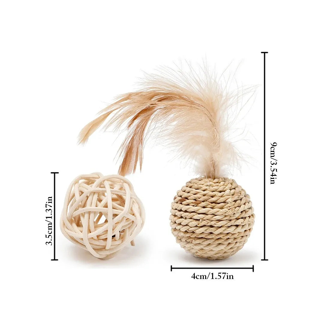 Two cat toys: faux feather ball measuring 4x9cm and hollow rattan ball with 3.5cm diameter