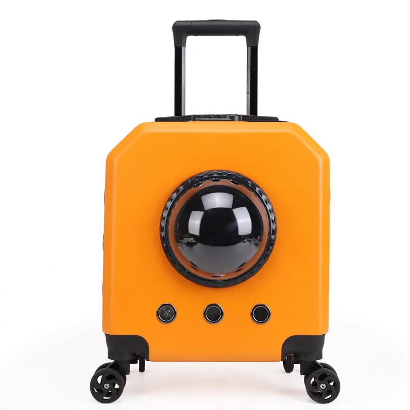PVC hard-shell cat trolley case pet carrier in solid colour with wheels and handle