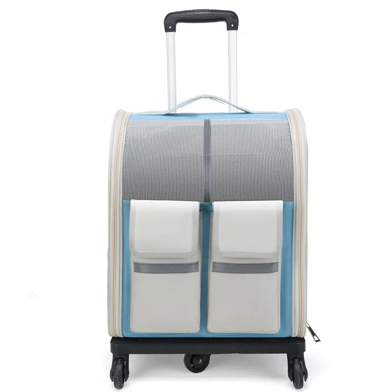 Canvas pet trolley bag with pull rod for pets up to 7.50kg in yellow, blue, or black