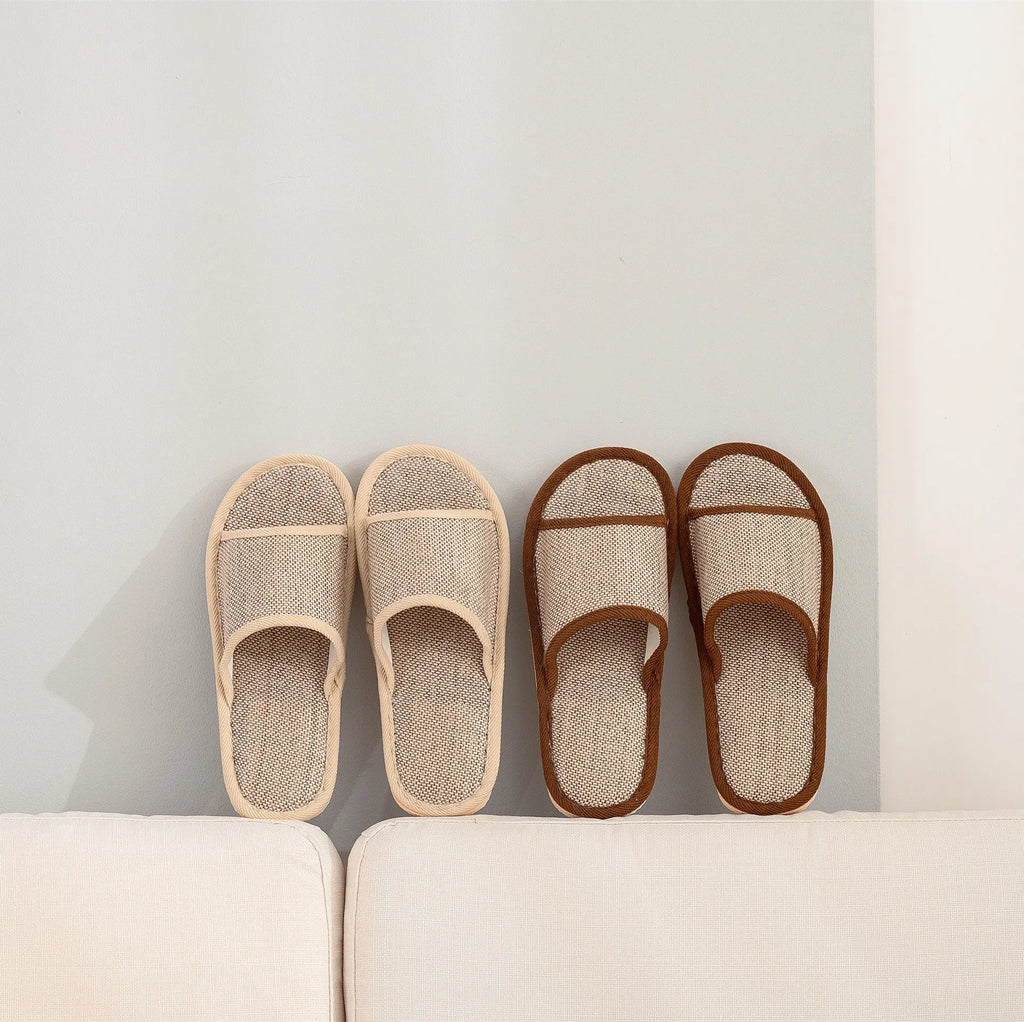Women's open-toe linen slippers in light brown with a thickened sole.