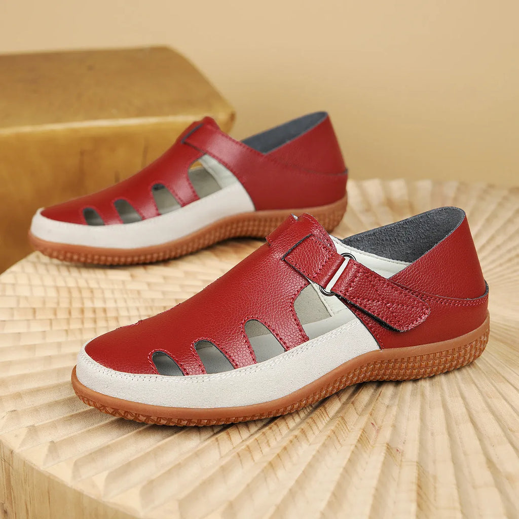 Women's blue plus size flat sandals with hollow-out design and toe cap