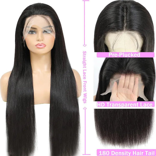 13x6 straight lace front human hair wig in natural black colour showing realistic hairline