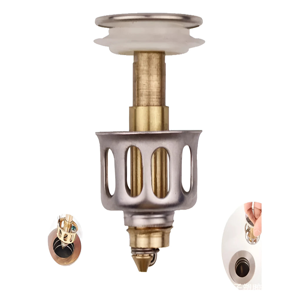 White copper kitchen sink strainer filter with press bounce anti-blocking mechanism