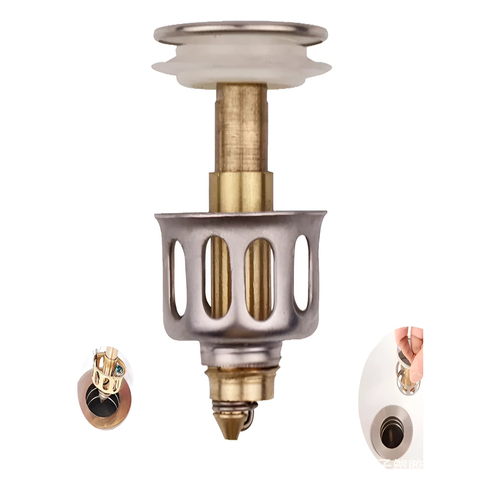White copper kitchen sink strainer filter with press bounce anti-blocking mechanism