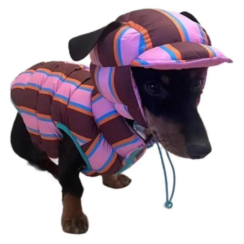 Dirty pink striped pet vest and matching hat set for winter wear