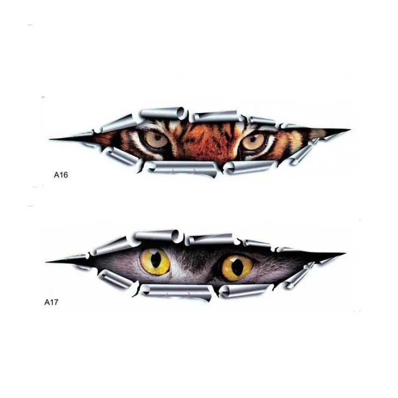 Tiger Eye and Eagle Eye 3D car bumper stickers measuring 10x35cm with detailed eye designs on HD transparent PVC material