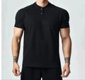 Men's loose fit solid colour t-shirt showing Henry collar and polo collar style options in white, black, grey.