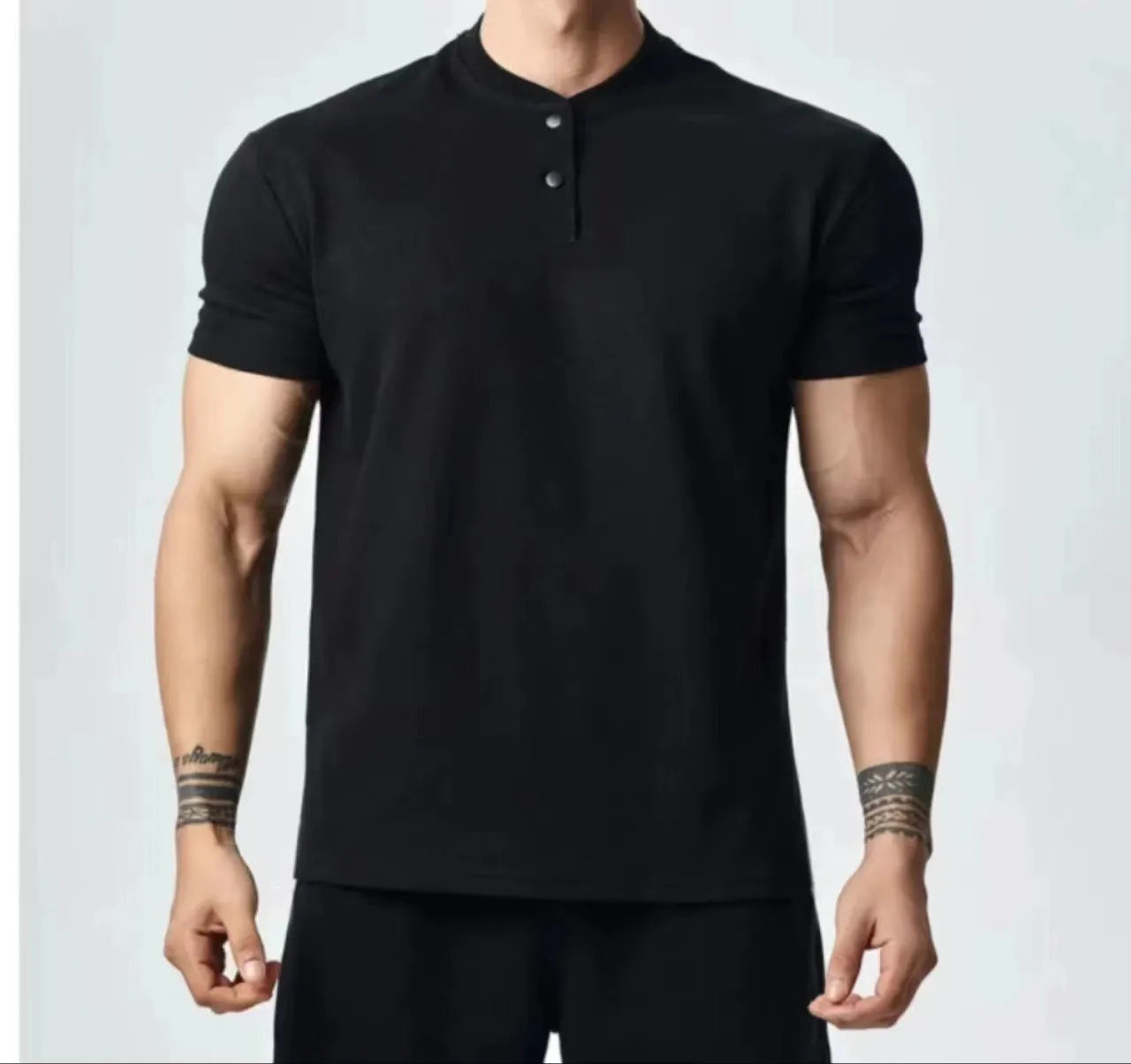 Men's loose fit solid colour t-shirt showing Henry collar and polo collar style options in white, black, grey.