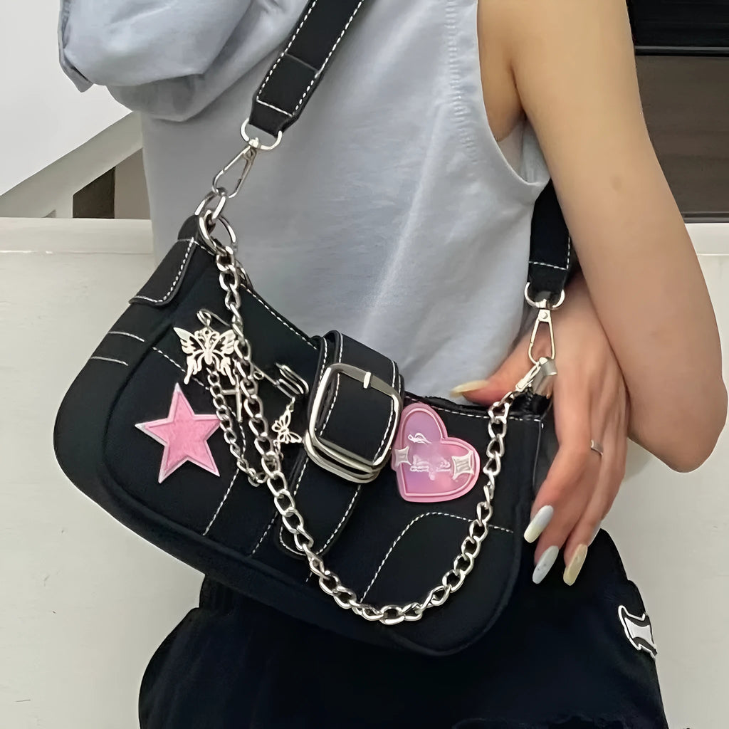 Black PU shoulder bag with bow, stitching and chain details, 25cm x 13cm x 7cm