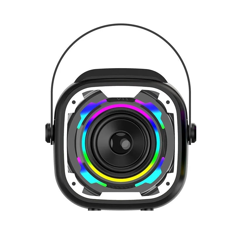 Portable wireless Bluetooth karaoke speaker in V11 Black colour with integrated microphone.