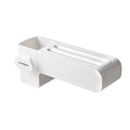 Modern white plastic kitchen knife rack with non-slip strip for wall or drawer mounting.
