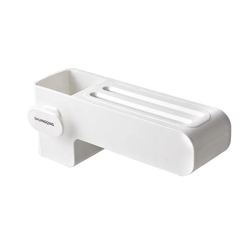 Modern white plastic kitchen knife rack with non-slip strip for wall or drawer mounting.