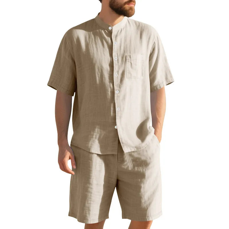 Men's linen-blend summer suit with Henry collar jacket and matching shorts in navy blue colour