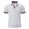 Men's European size polo shirt with colour stitching on turnover neck, short sleeves, available in white, black, and navy blue colours