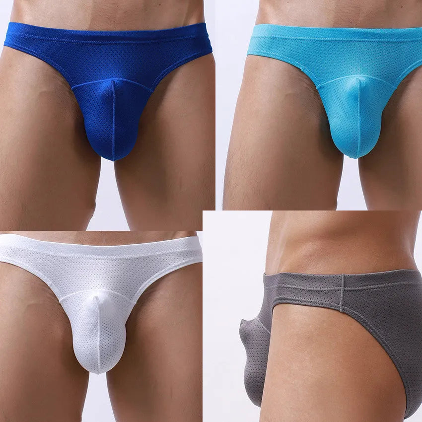 Men's transparent loose underwear in nylon fabric, available in white, blue, black, gray, and sky blue colours, sizes S to XL